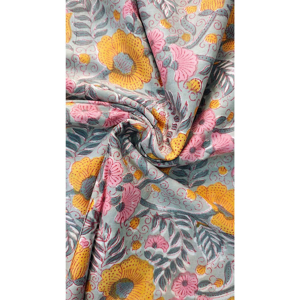Handmade Bagru Print Textile –Grey And Yellow Floral Cotton Material