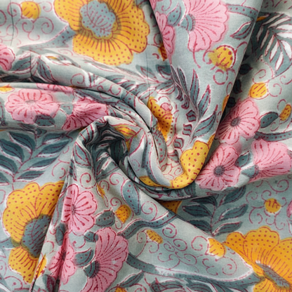 Sanganeri Hand Block Print Cotton Fabric – Grey And Yellow Floral