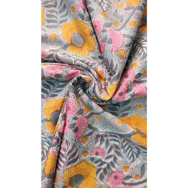 Handmade Bagru Print Textile –Grey And Yellow Floral Cotton Material