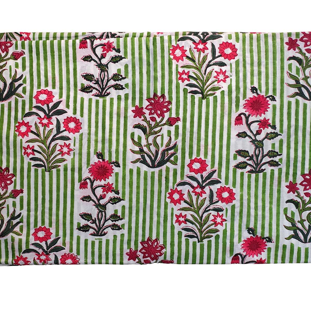 Handmade Bagru Print Textile – Green And Red Floral Cotton Material