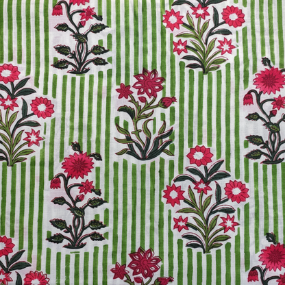 Sanganeri Hand Block Print Cotton Fabric – Green And Red Floral