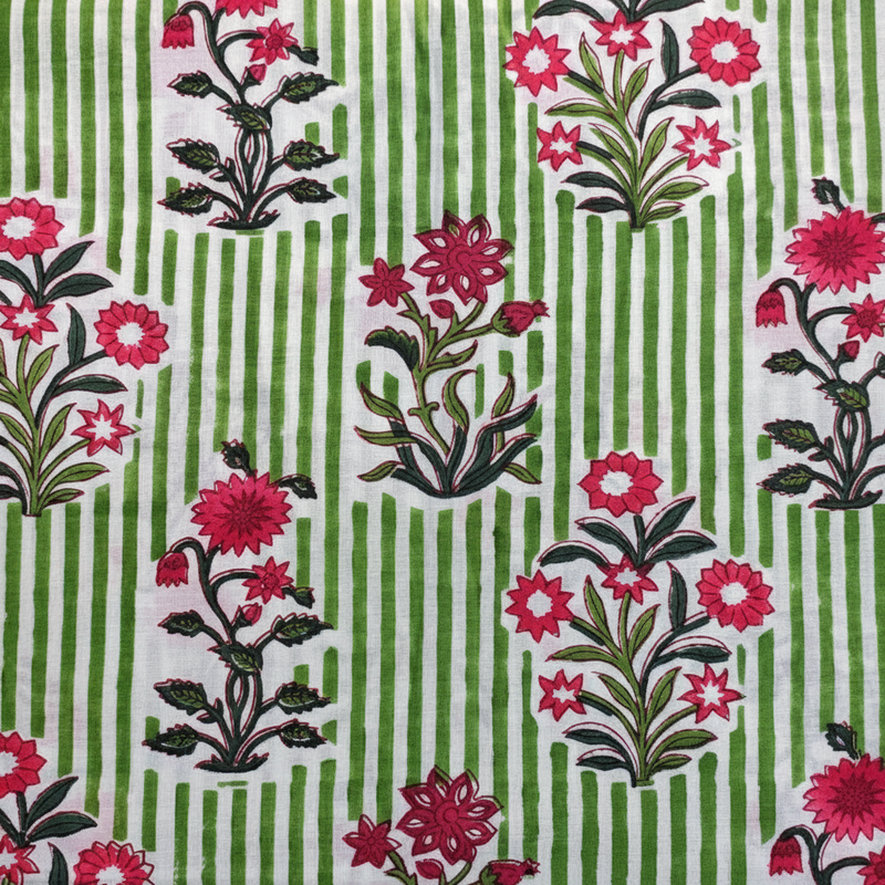 Sanganeri Hand Block Print Cotton Fabric – Green And Red Floral