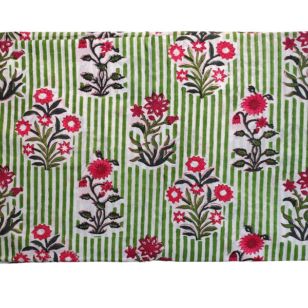 Handmade Bagru Print Textile – Green And Red Floral Cotton Material