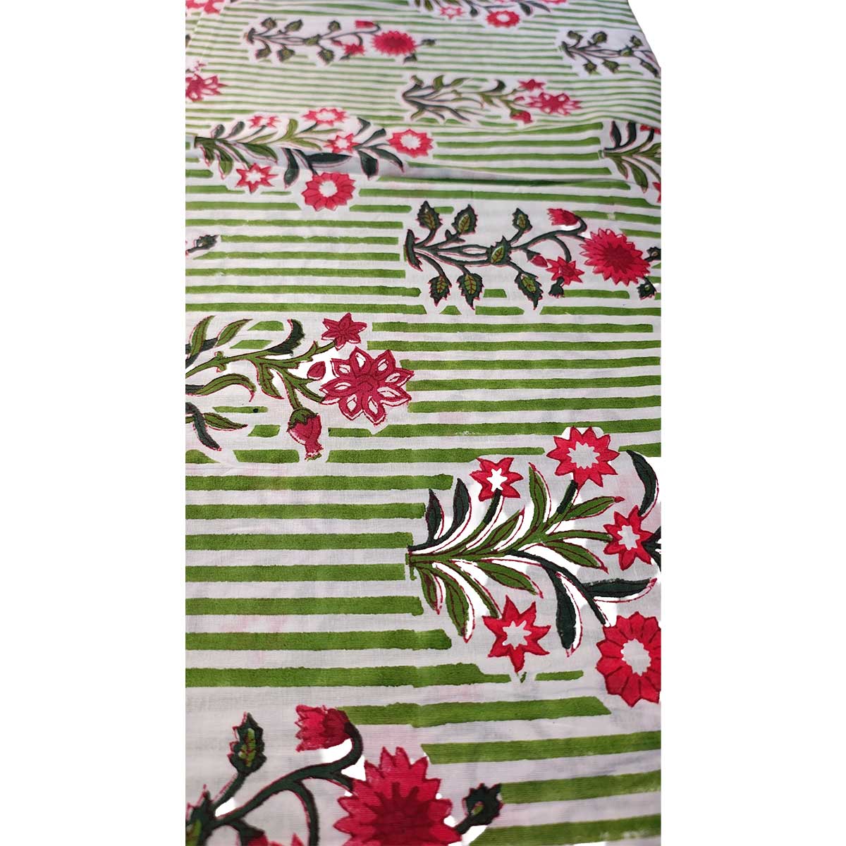 Handmade Bagru Print Textile – Green And Red Floral Cotton Material