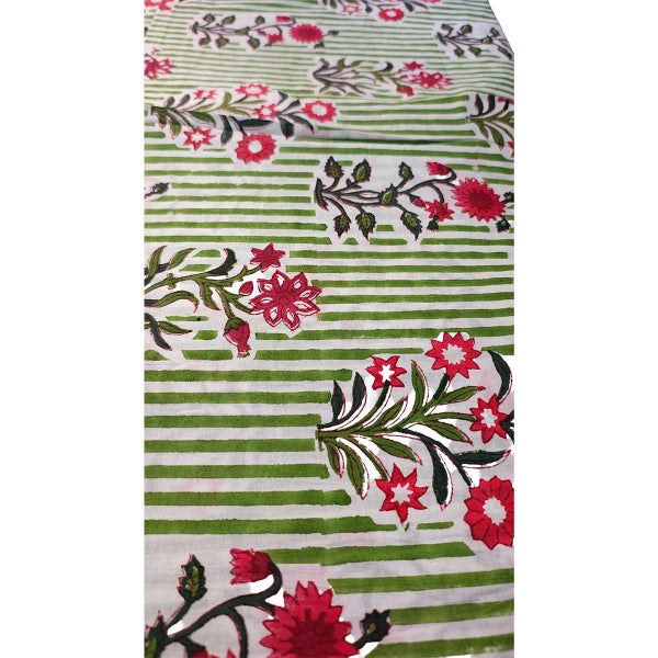 Handmade Bagru Print Textile – Green And Red Floral Cotton Material
