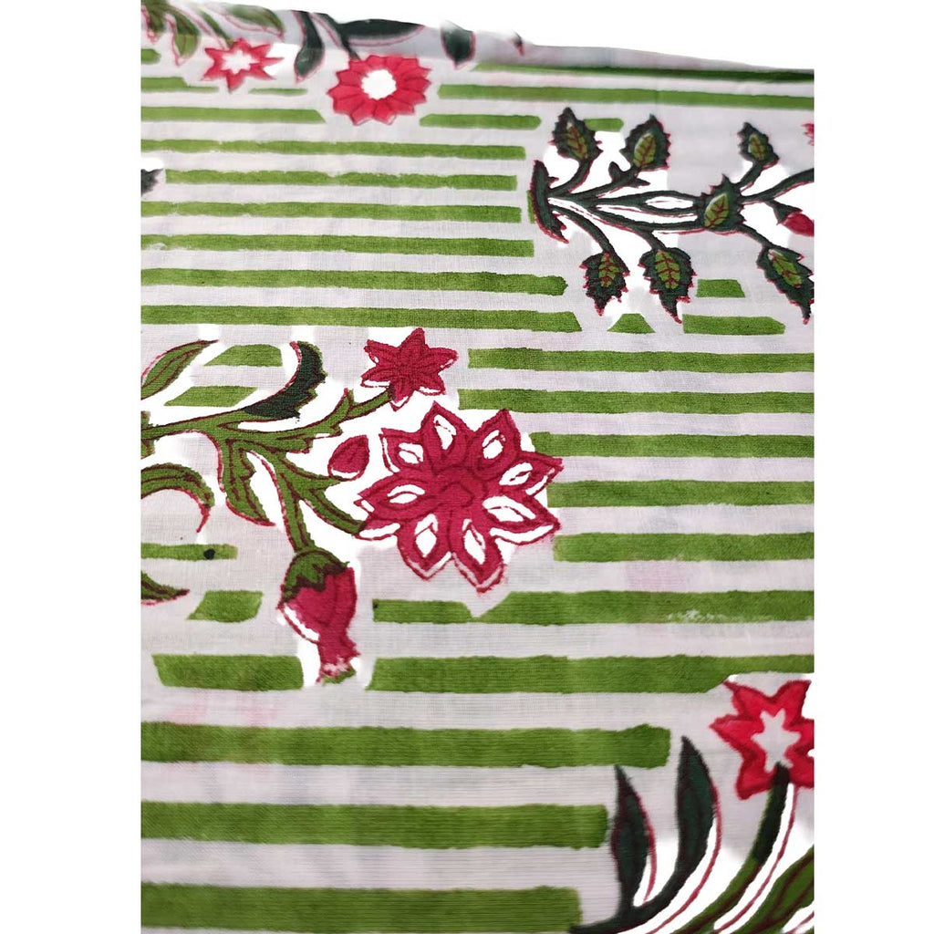 Handmade Bagru Print Textile – Green And Red Floral Cotton Material