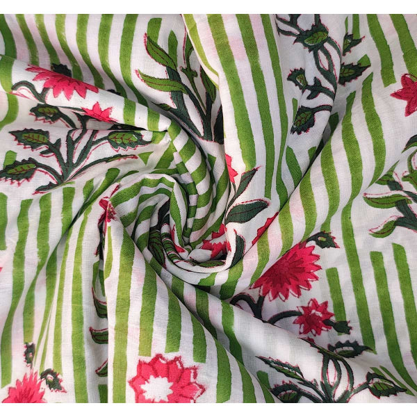 Handmade Bagru Print Textile – Green And Red Floral Cotton Material