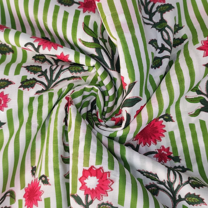 Sanganeri Hand Block Print Cotton Fabric – Green And Red Floral
