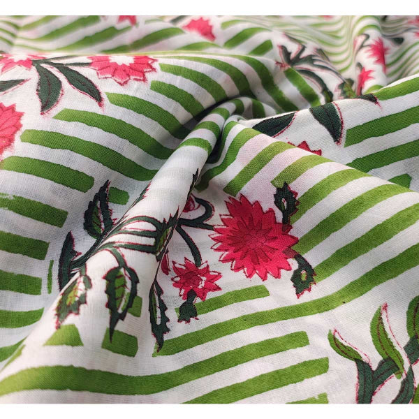 Handmade Bagru Print Textile – Green And Red Floral Cotton Material