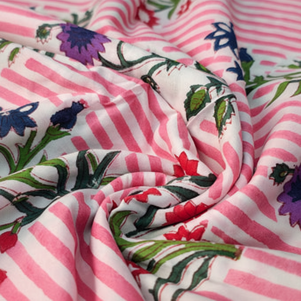 Sanganeri Hand Block Print Cotton Fabric – Pink Purple And Red Floral