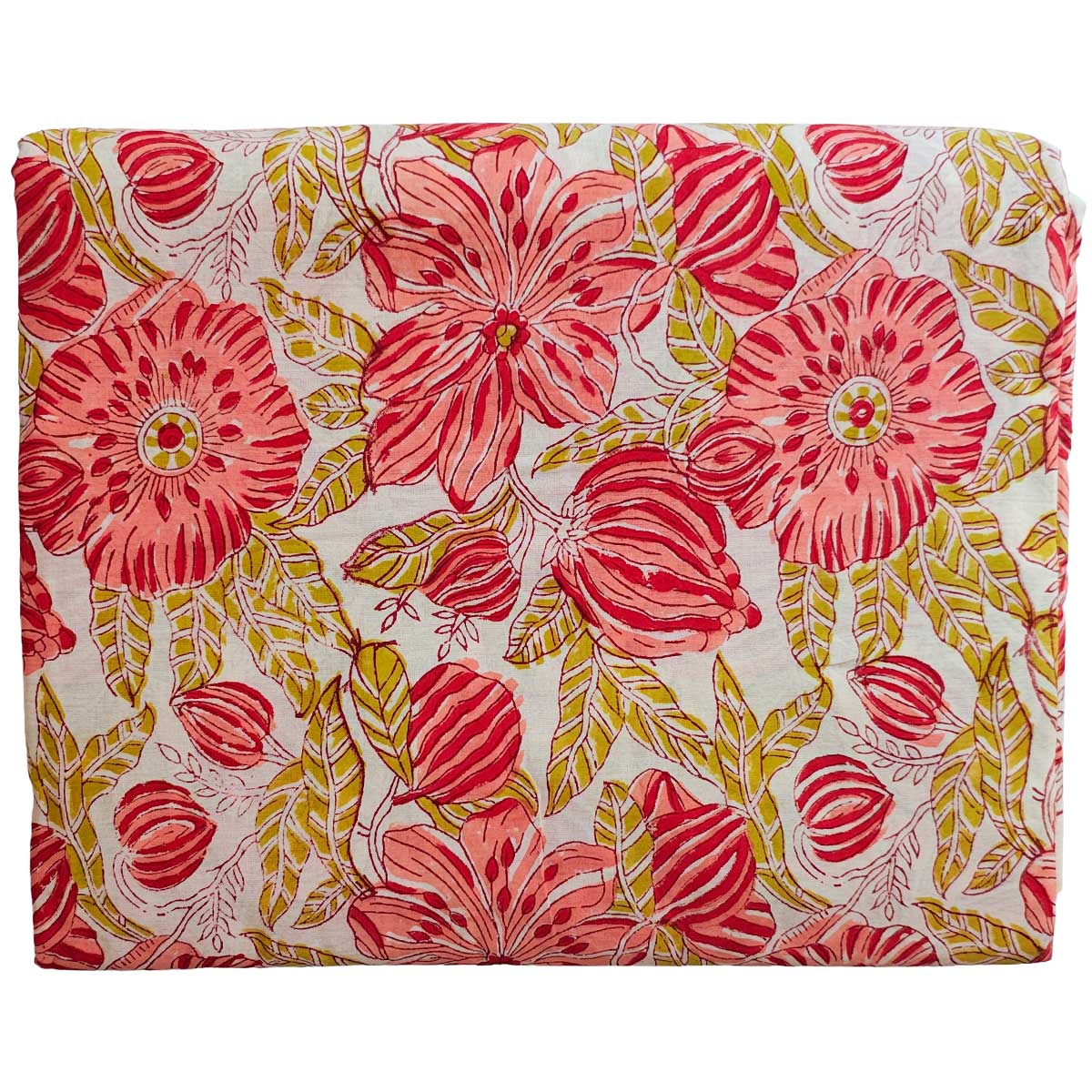 Handmade Bagru Print Textile – Red And Green  Floral Cotton Material