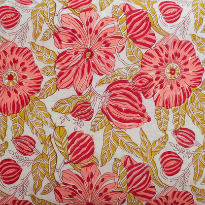 Sanganeri Hand Block Print Cotton Fabric – Red And Green Floral