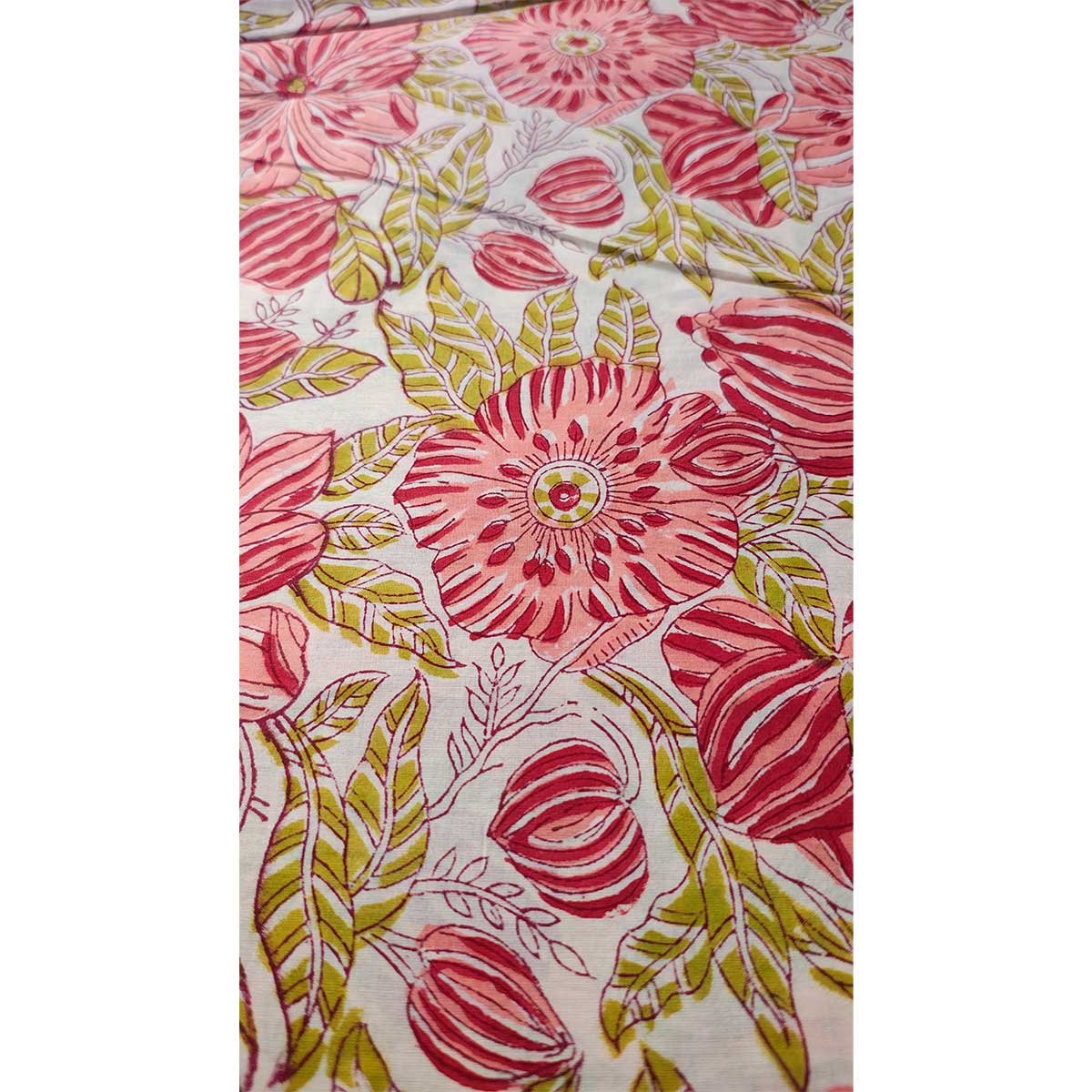 Handmade Bagru Print Textile – Red And Green  Floral Cotton Material