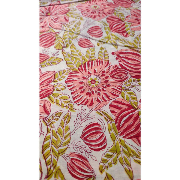 Handmade Bagru Print Textile – Red And Green  Floral Cotton Material