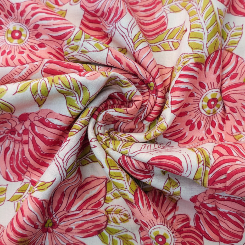 Sanganeri Hand Block Print Cotton Fabric – Red And Green Floral