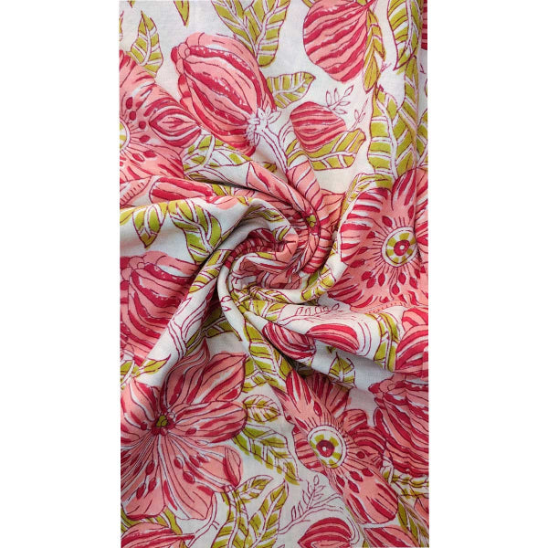 Handmade Bagru Print Textile – Red And Green  Floral Cotton Material