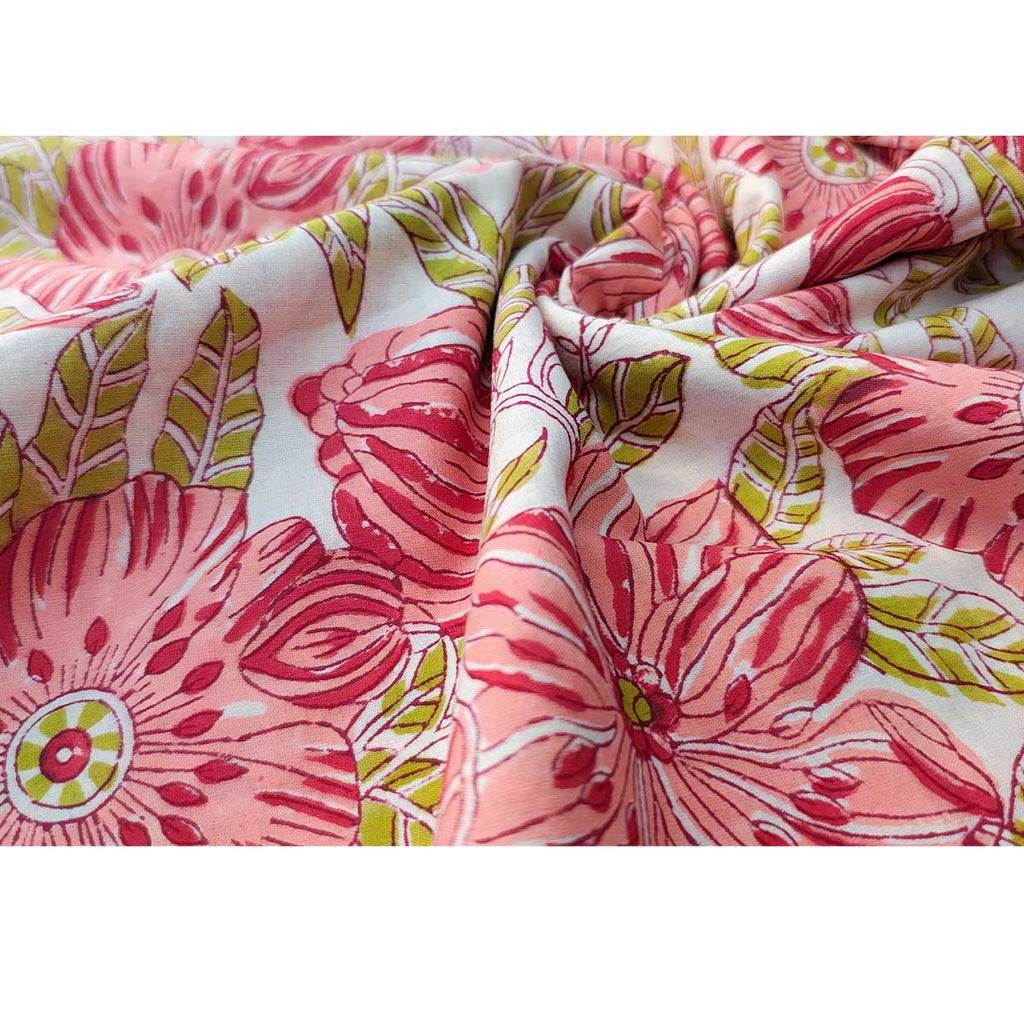Handmade Bagru Print Textile – Red And Green  Floral Cotton Material
