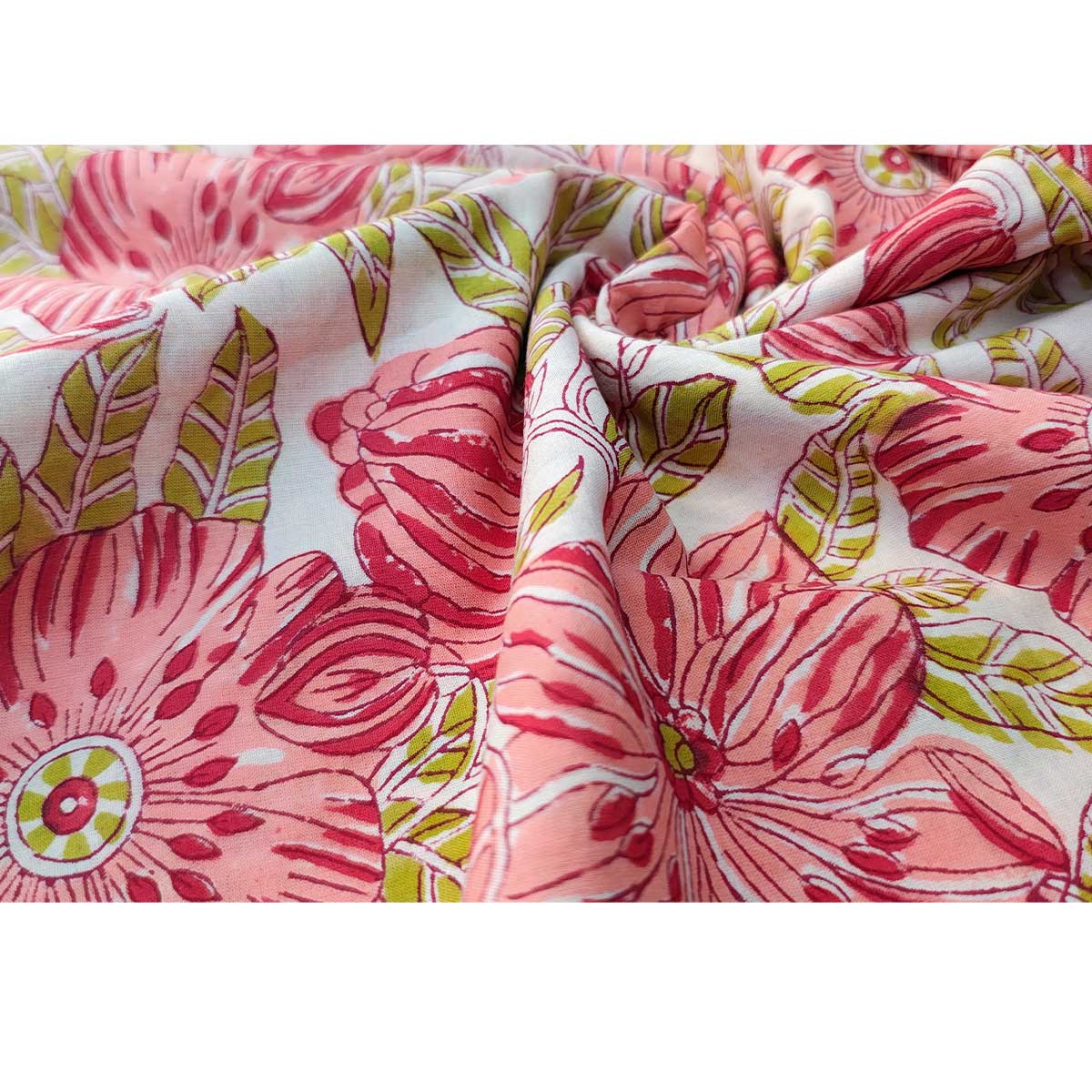 Handmade Bagru Print Textile – Red And Green  Floral Cotton Material