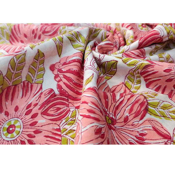 Sanganeri Hand Block Print Cotton Fabric – Red And Green Floral