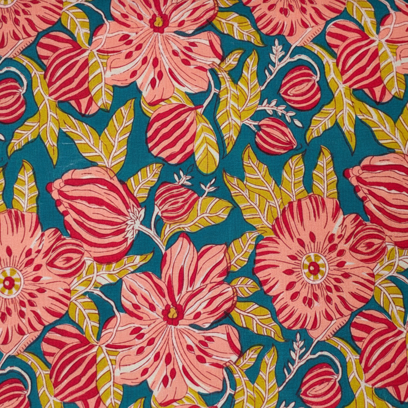 Sanganeri Hand Block Print Cotton Fabric – Teal Blue And Red Floral