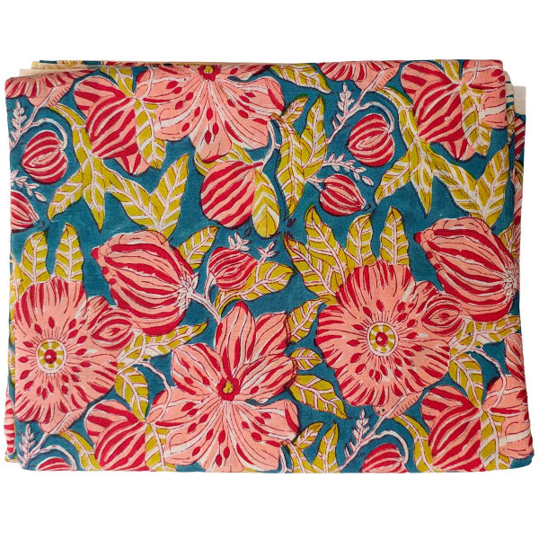 Handmade Bagru Print Textile – Teal Blue And Red  Floral Cotton Material