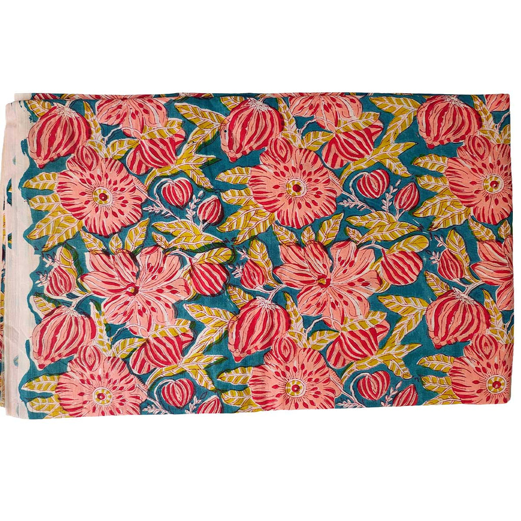 Handmade Bagru Print Textile – Teal Blue And Red  Floral Cotton Material