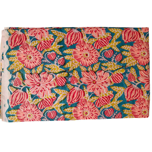 Sanganeri Hand Block Print Cotton Fabric – Teal Blue And Red Floral