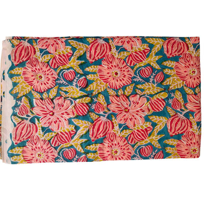 Sanganeri Hand Block Print Cotton Fabric – Teal Blue And Red Floral