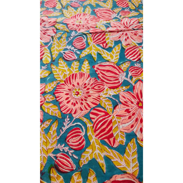 Handmade Bagru Print Textile – Teal Blue And Red  Floral Cotton Material