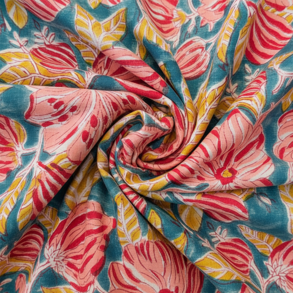 Sanganeri Hand Block Print Cotton Fabric – Teal Blue And Red Floral