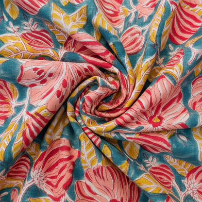 Sanganeri Hand Block Print Cotton Fabric – Teal Blue And Red Floral