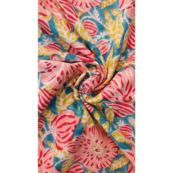 Sanganeri Hand Block Print Cotton Fabric – Teal Blue And Red Floral
