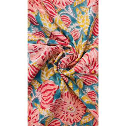 Sanganeri Hand Block Print Cotton Fabric – Teal Blue And Red Floral