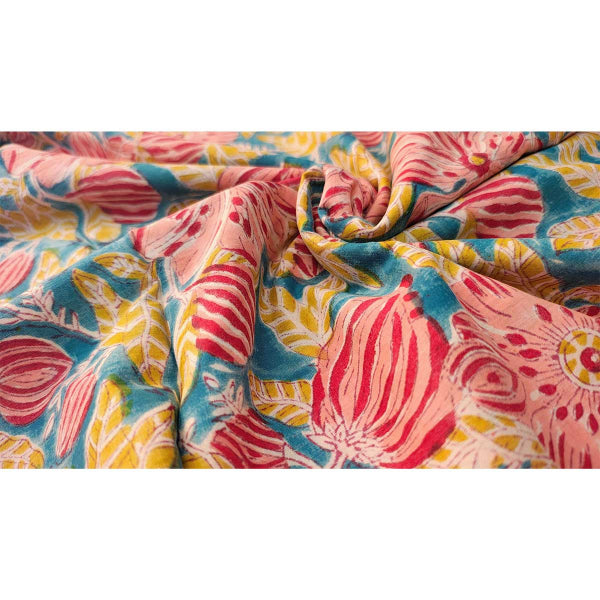 Handmade Bagru Print Textile – Teal Blue And Red  Floral Cotton Material