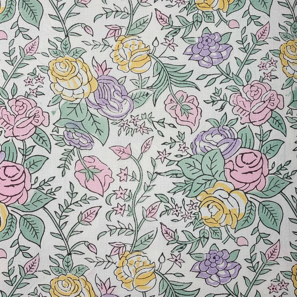 Sanganeri Hand Block Print Cotton Fabric – Multicolor Floral