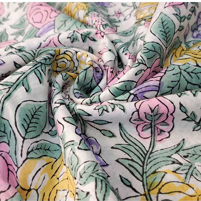 Sanganeri Hand Block Print Cotton Fabric – Multicolor Floral