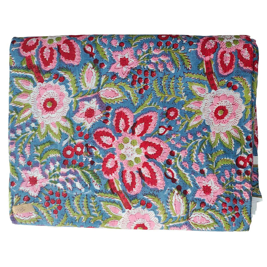 Handmade Bagru Print Textile – Blue And Pink Floral Cotton Material