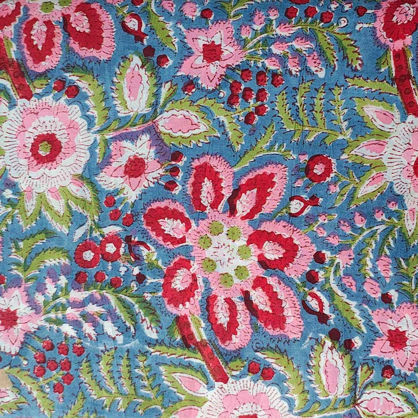 Sanganeri Hand Block Print Cotton Fabric – Blue And Pink Floral