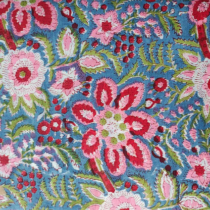 Sanganeri Hand Block Print Cotton Fabric – Blue And Pink Floral