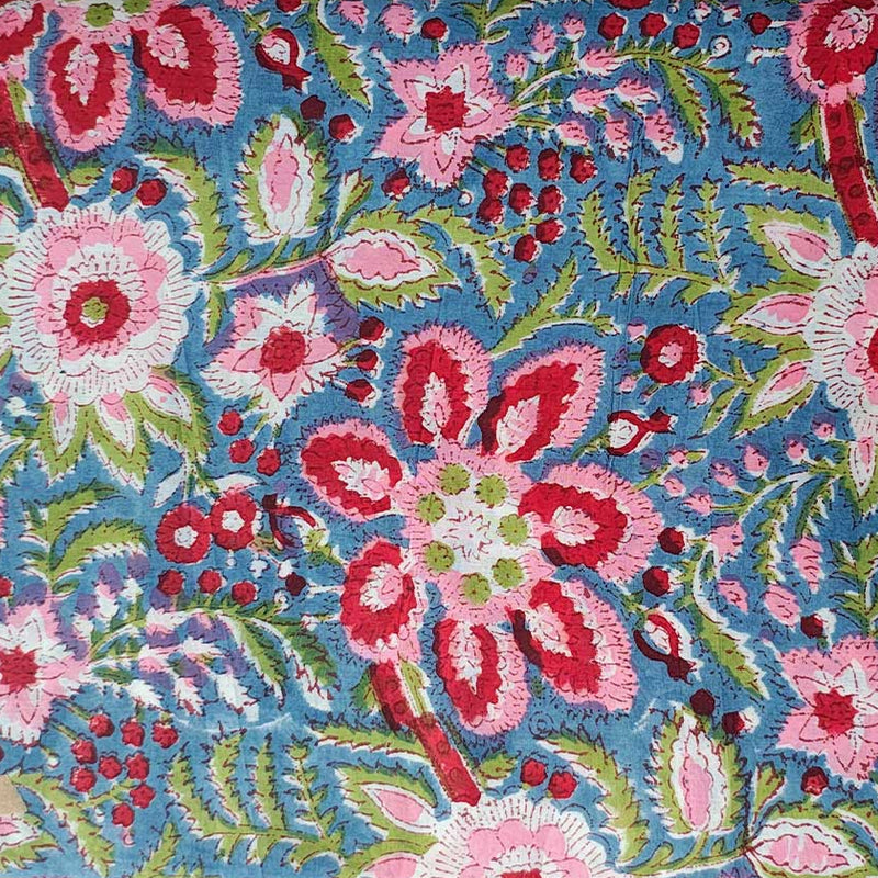 Sanganeri Hand Block Print Cotton Fabric – Blue And Pink Floral