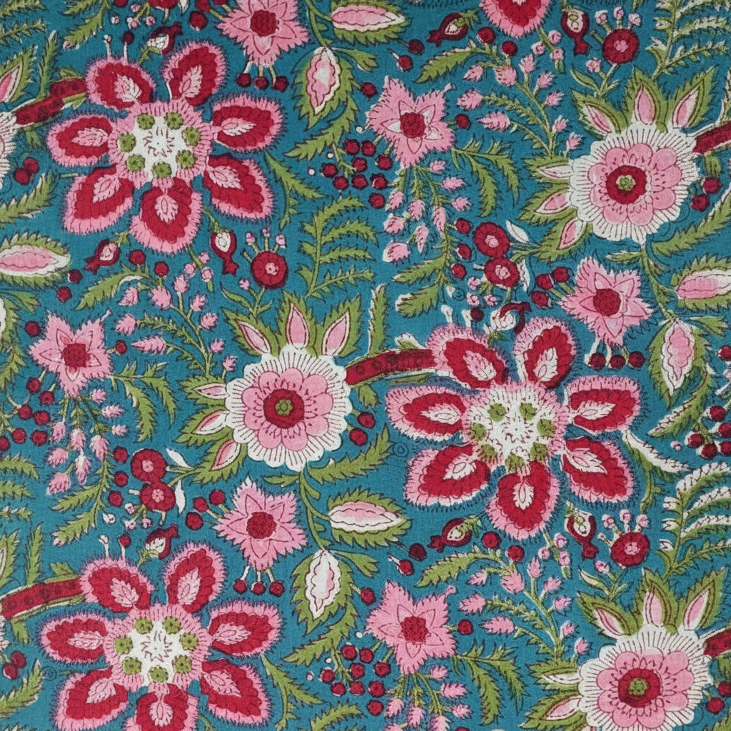 Sanganeri Hand Block Print Cotton Fabric – Blue And Pink Floral