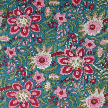 Sanganeri Hand Block Print Cotton Fabric – Blue And Pink Floral