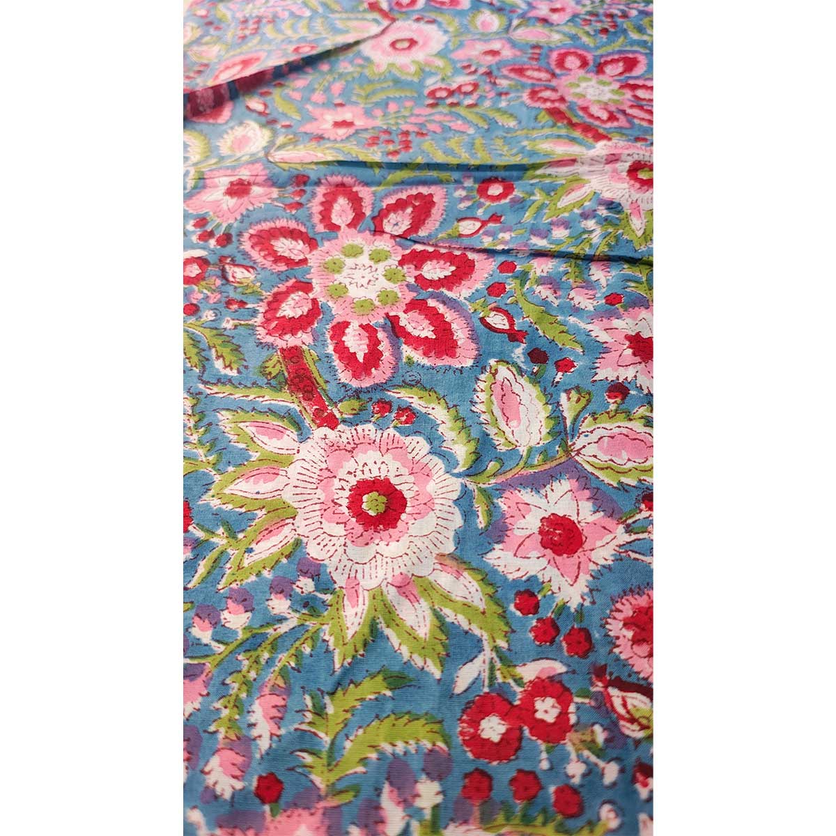 Sanganeri Hand Block Print Cotton Fabric – Blue And Pink Floral
