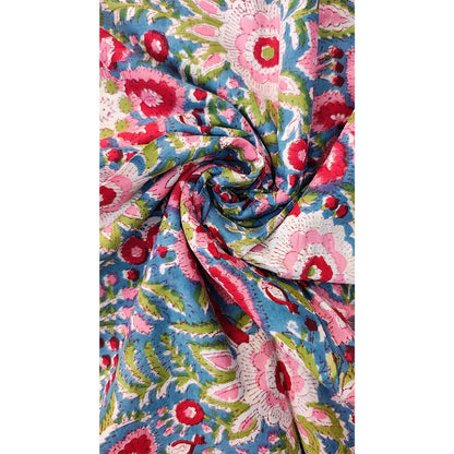 Sanganeri Hand Block Print Cotton Fabric – Blue And Pink Floral