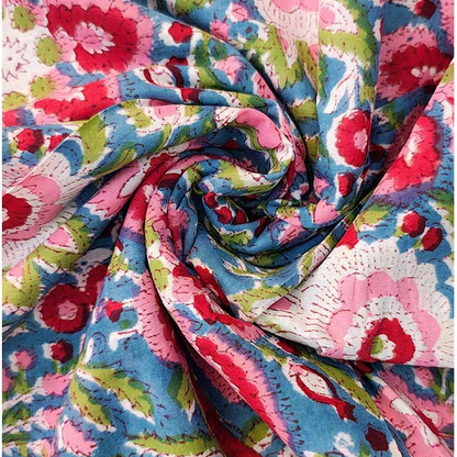 Sanganeri Hand Block Print Cotton Fabric – Blue And Pink Floral