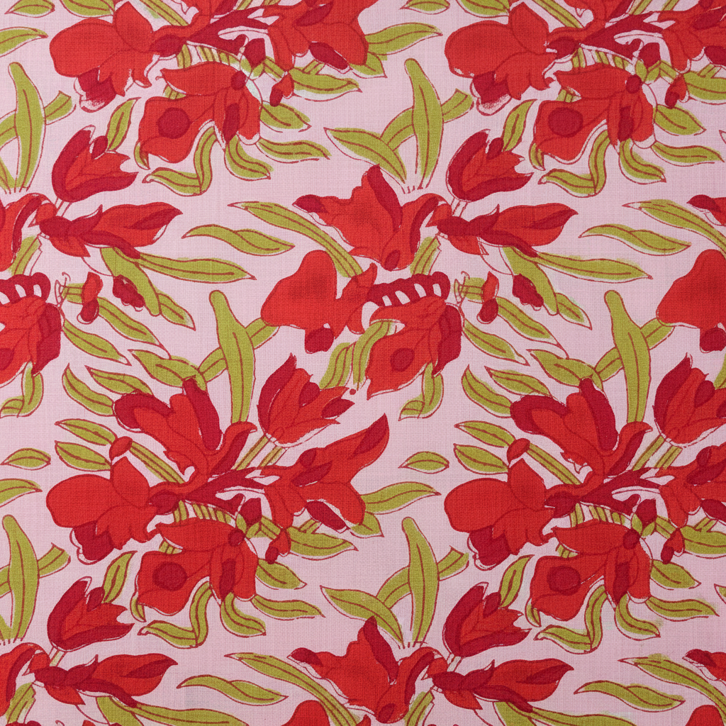 Sanganeri Hand Block Print Cotton Fabric – Pink And Red Floral