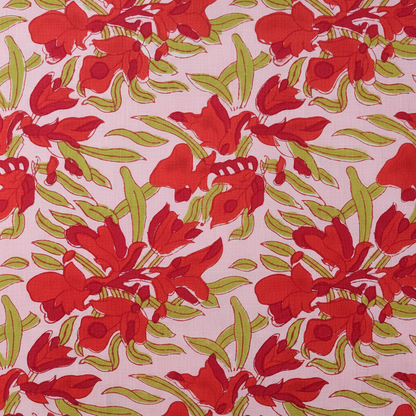Sanganeri Hand Block Print Cotton Fabric – Pink And Red Floral
