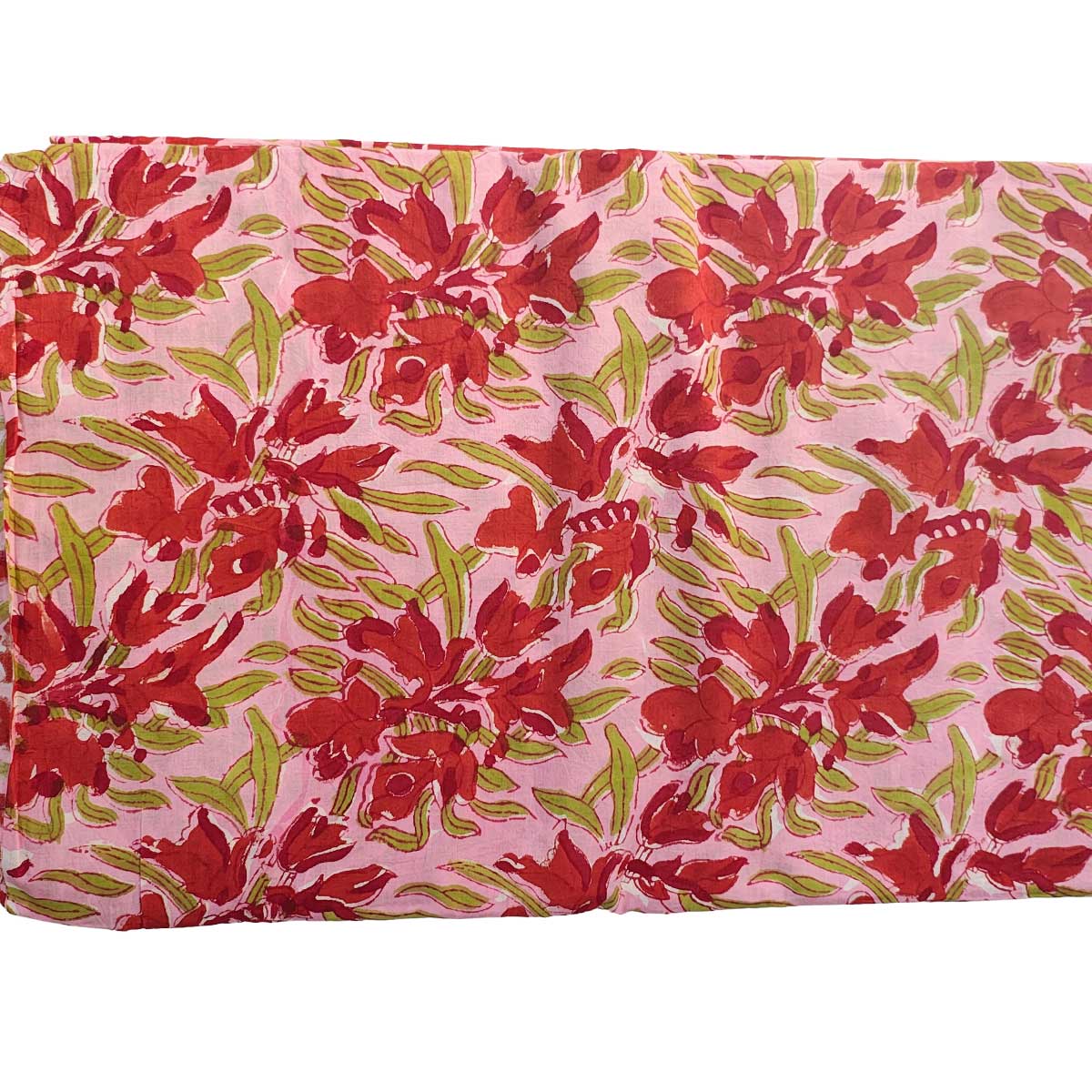 Handmade Bagru Print Textile – Pink And Red Floral Cotton Material
