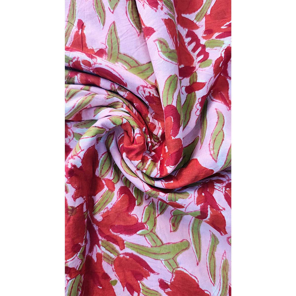 Handmade Bagru Print Textile – Pink And Red Floral Cotton Material