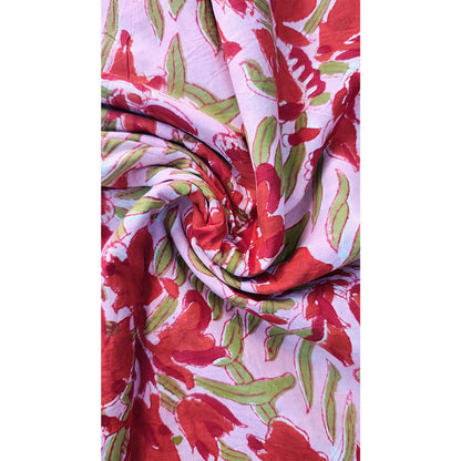Sanganeri Hand Block Print Cotton Fabric – Pink And Red Floral